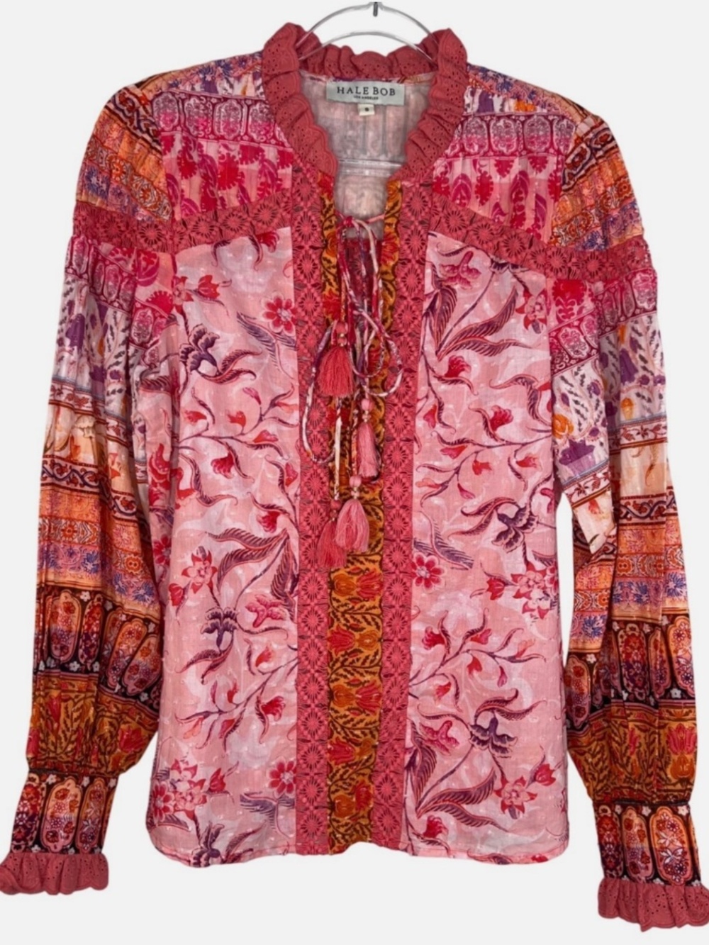 Hale Bob Small Selena Top in Pink Pattern Boho Bohemian Long Sleeve